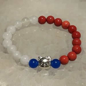 Dyed red and blue chalcedony and white jade
